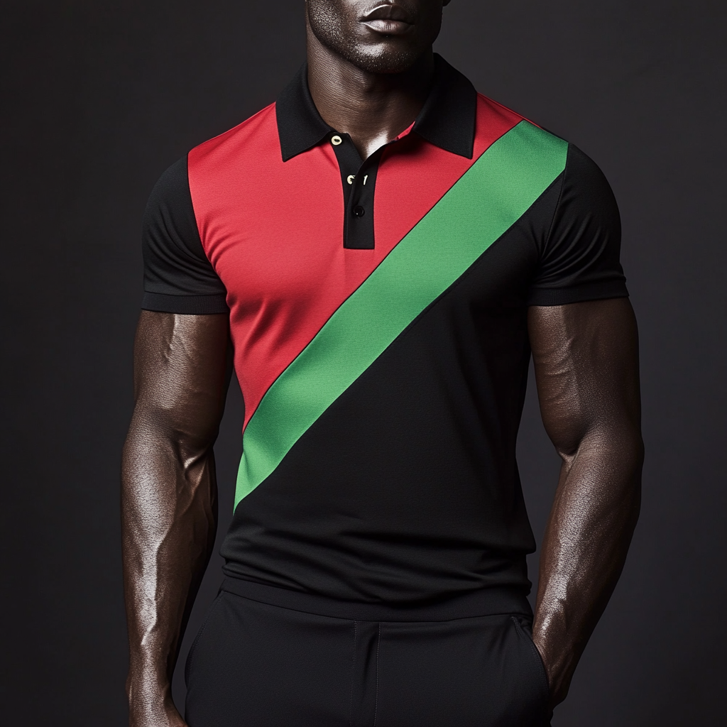 An athletic black man wearing a flag-print polo shirt.