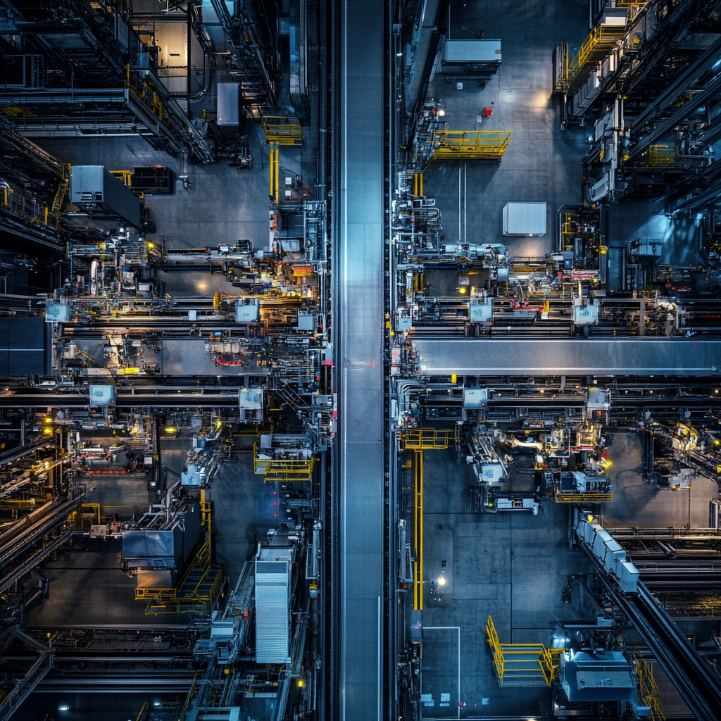 An automated industrial production line with robotic arms.