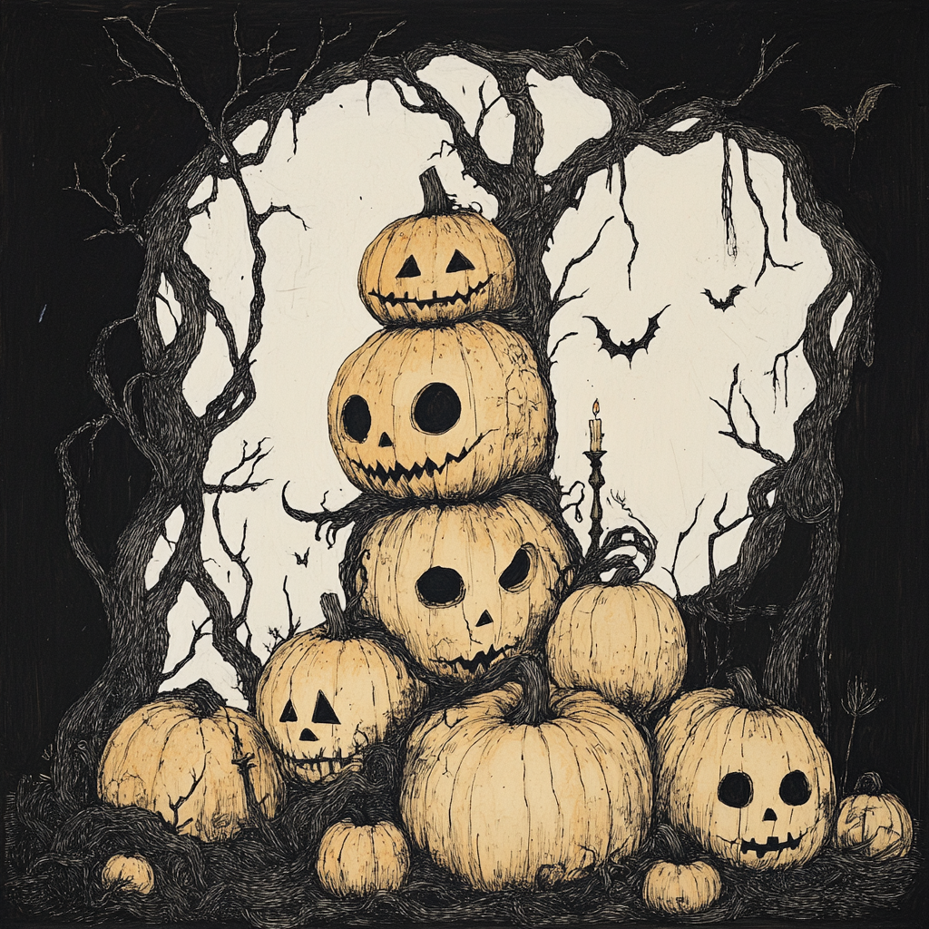 An eerie, gothic pumpkin character surrounded by darkness