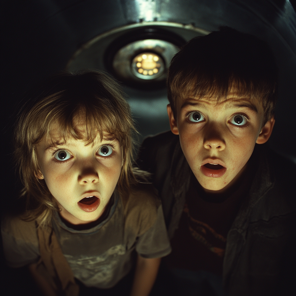 An eerie 90s UFO corridor with two scared kids.