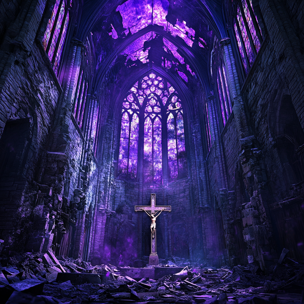 An eerie cathedral interior with broken cross.