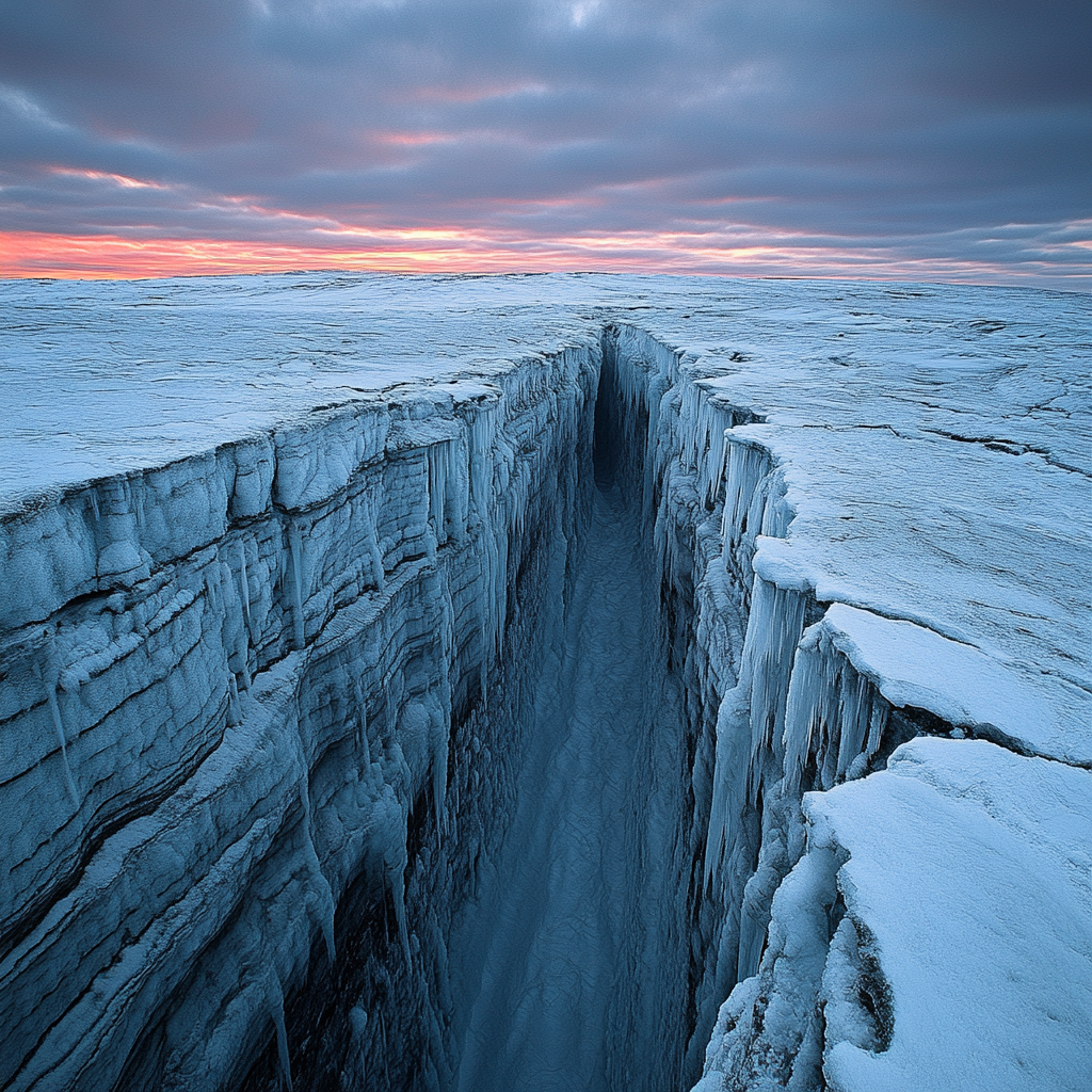 An eerie frozen wasteland in a deep canyon.