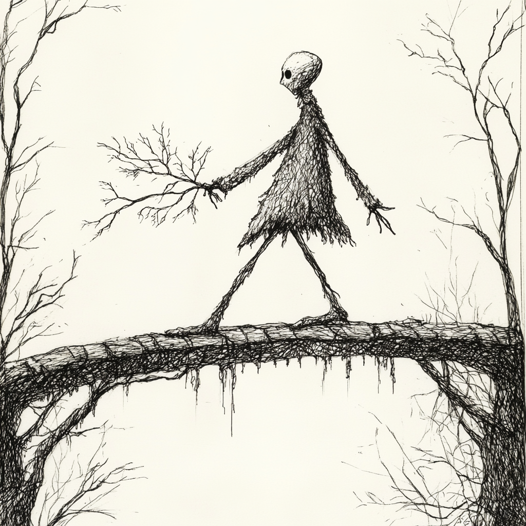 An eerie marionette crosses fragile bridge in solitude.