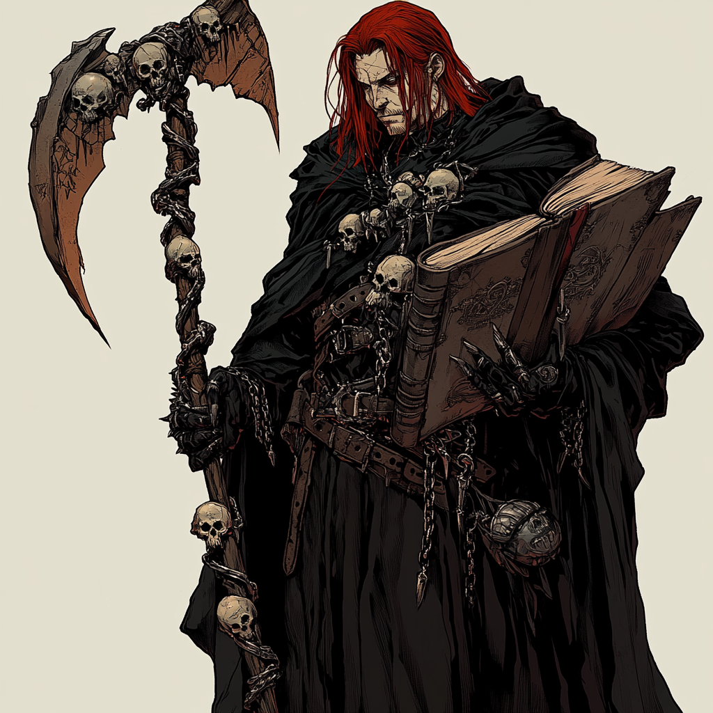 An eerie necromancer with red hair and scythe.