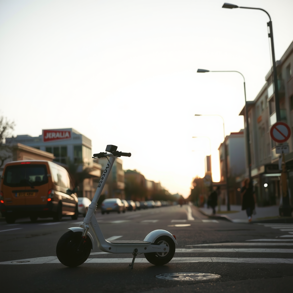 An electric scooter on a quiet evening road.