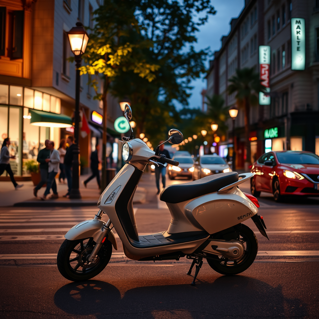 An electric scooter on the evening street.