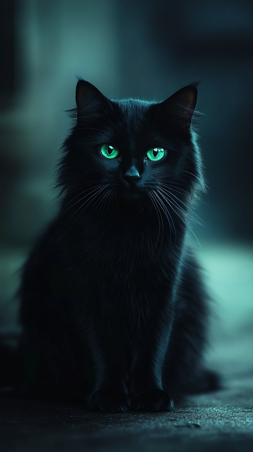 An elegant black cat in a dim room