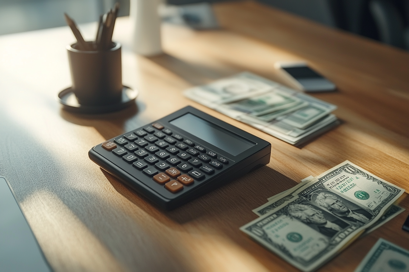 An elegant calculator and currency on clean desk