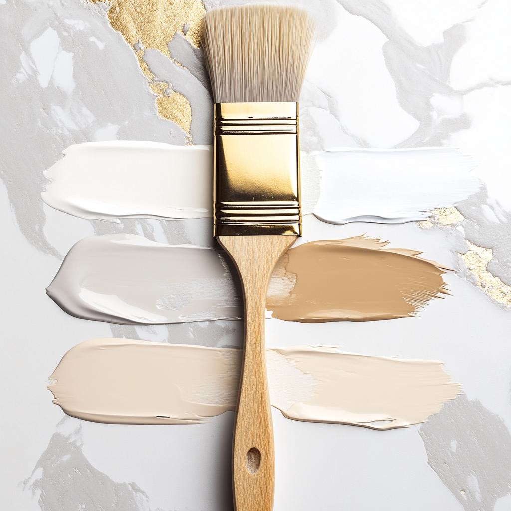 An elegant gold-handled paintbrush spills smooth coffee-colored tones.