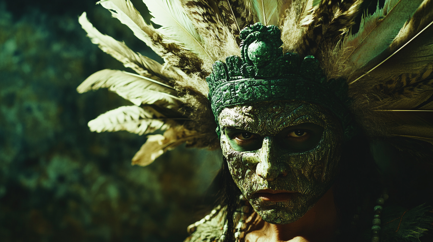 An elegant jade man with feather headdress.