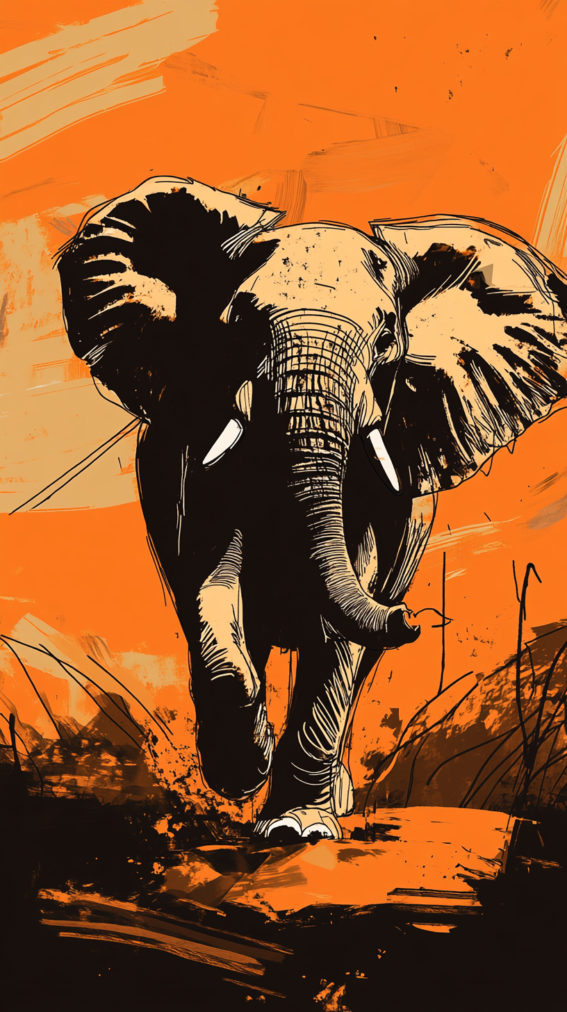 An elephant running on savanna in sketch style.