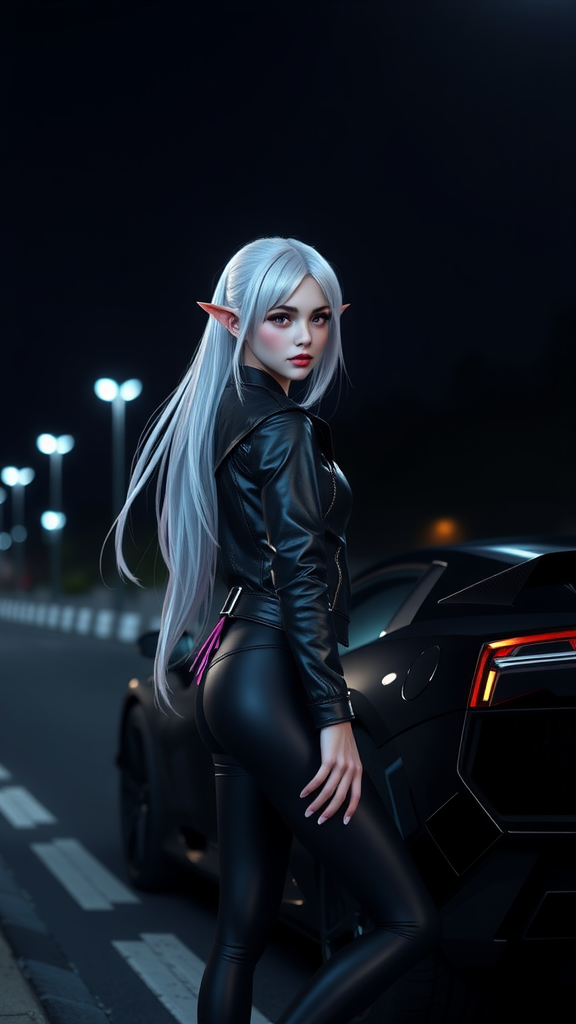 An elf girl with white hair by car.