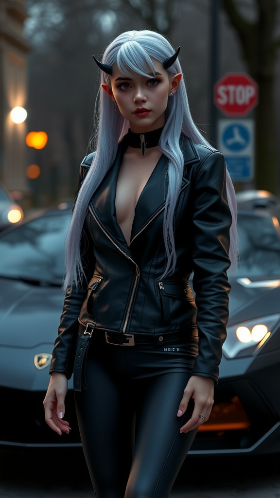 An elf girl with white hair near Lamborghini.