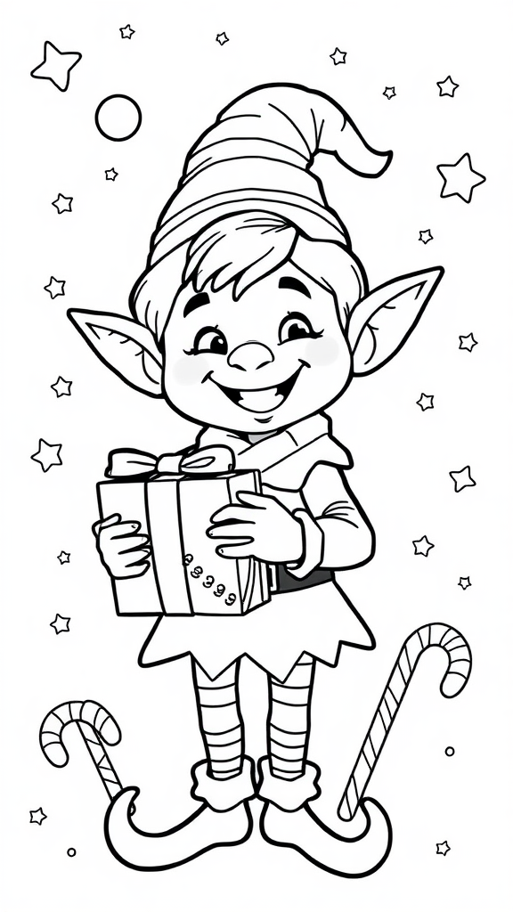 An elf with a big smile and gift.