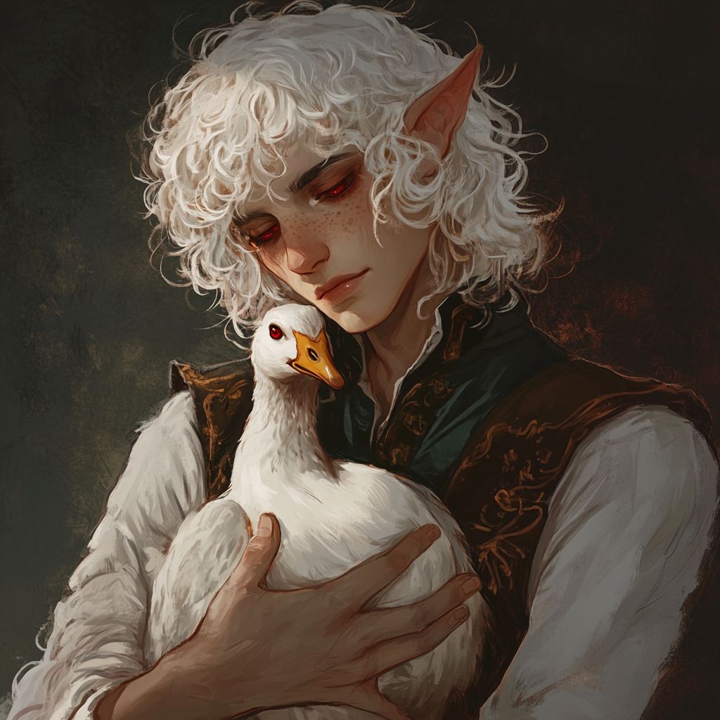 An elf with white hair holds annoyed goose.