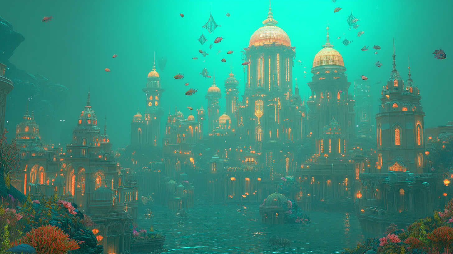 An enchanting underwater city with majestic structures