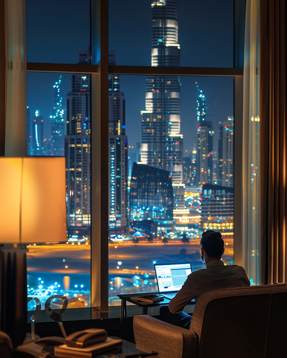 An entrepreneur working in luxurious Dubai hotel suite