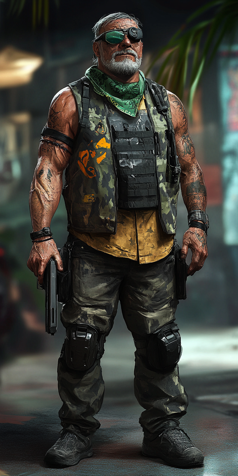 An experienced gang member in high-tech, tropical city.