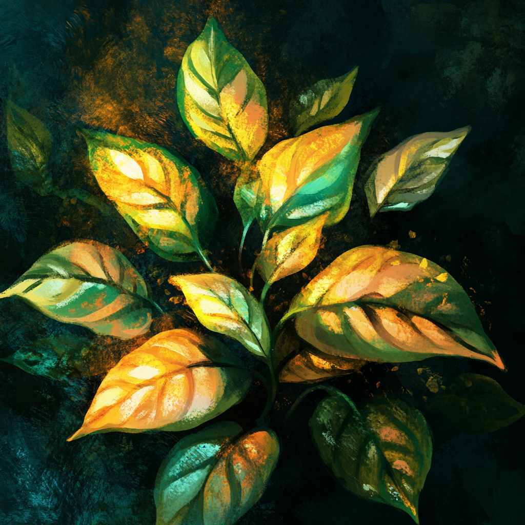 An illustration of vibrant green leaves in golden glow