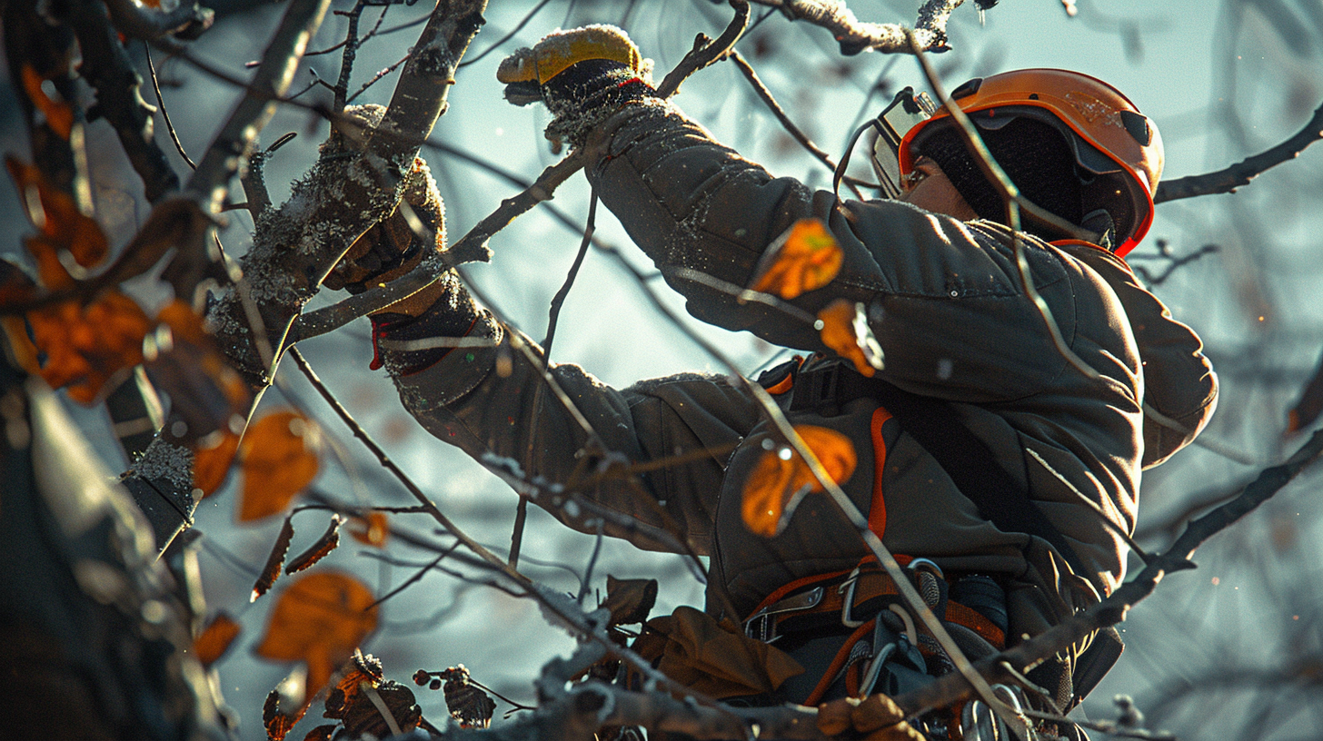 An industrial worker trims tree branches on a mountain.