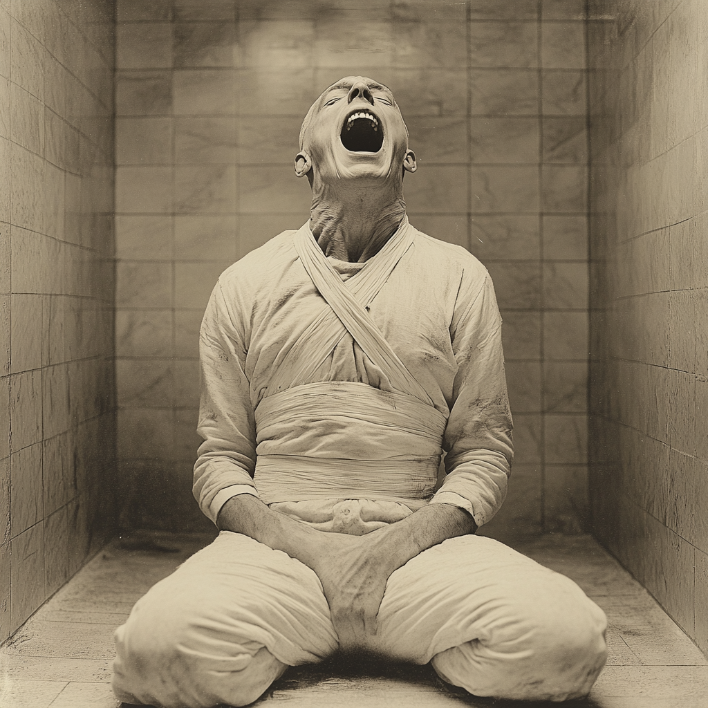 An insane man in straitjacket in 1920 portrait