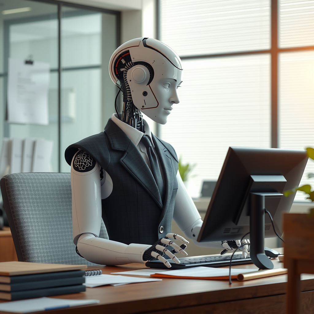 An intelligent robot working in a bright office