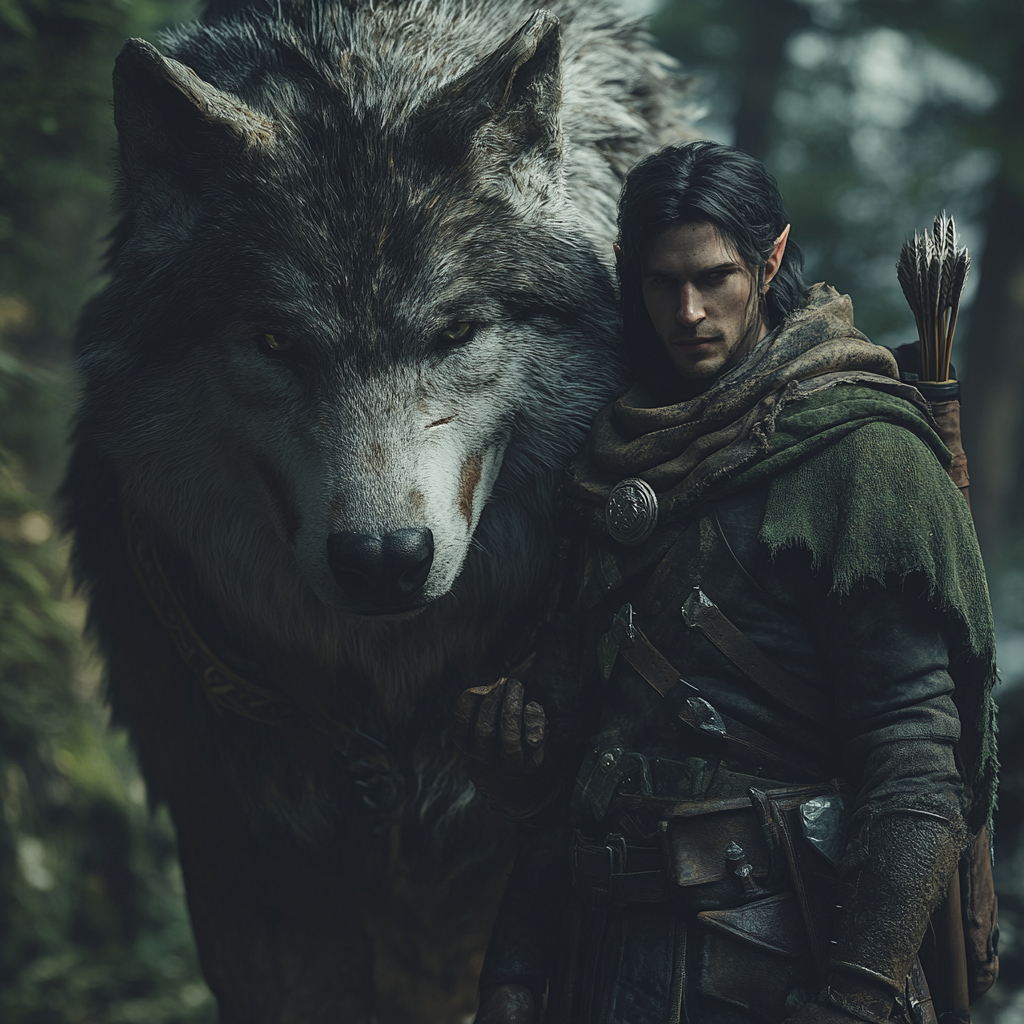 An intense male elf ranger and animal companion.