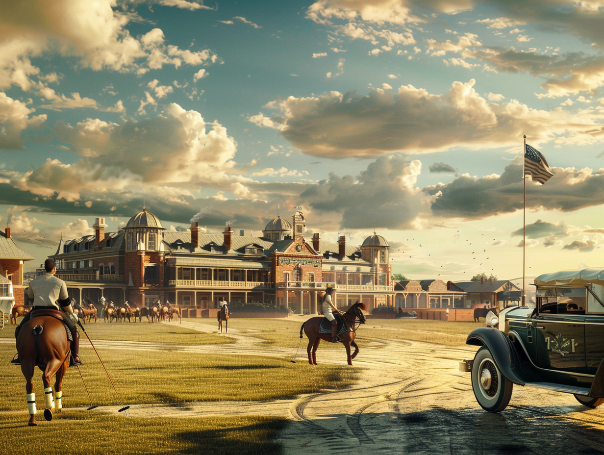 An intricate polo club advertisement with cinematic lighting