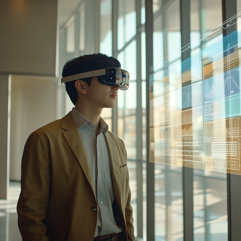 An office worker uses AR glasses, surrounded by graphs.