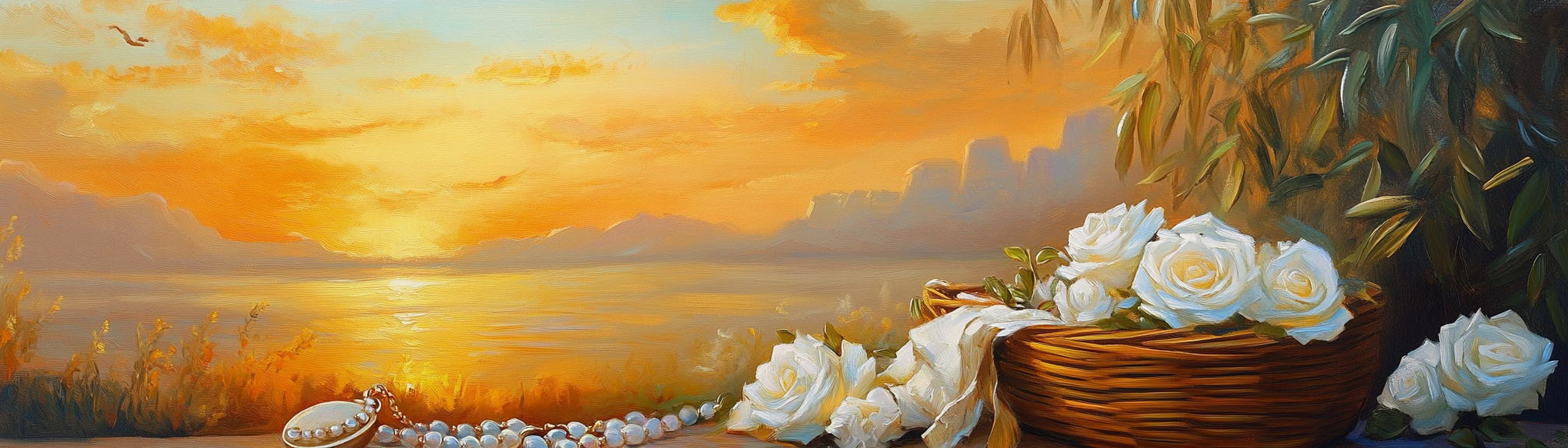 An oil painting of sunset picnic with roses