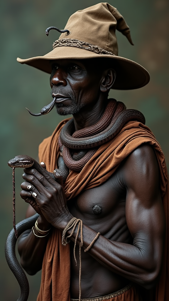 An old African witch with snakes.