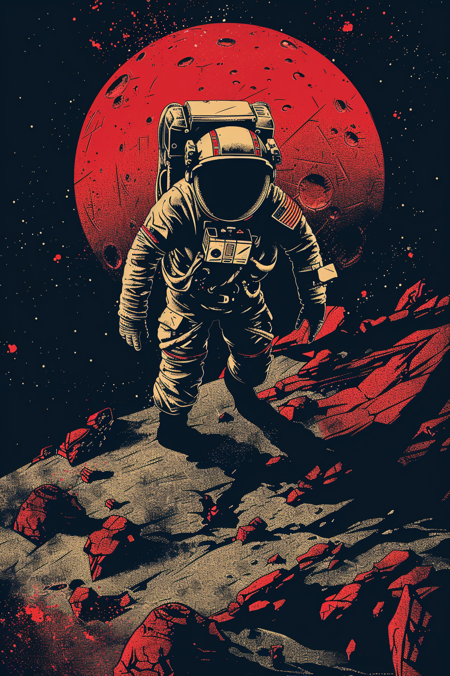 An old astronaut stands on Mars, surreal graphic.