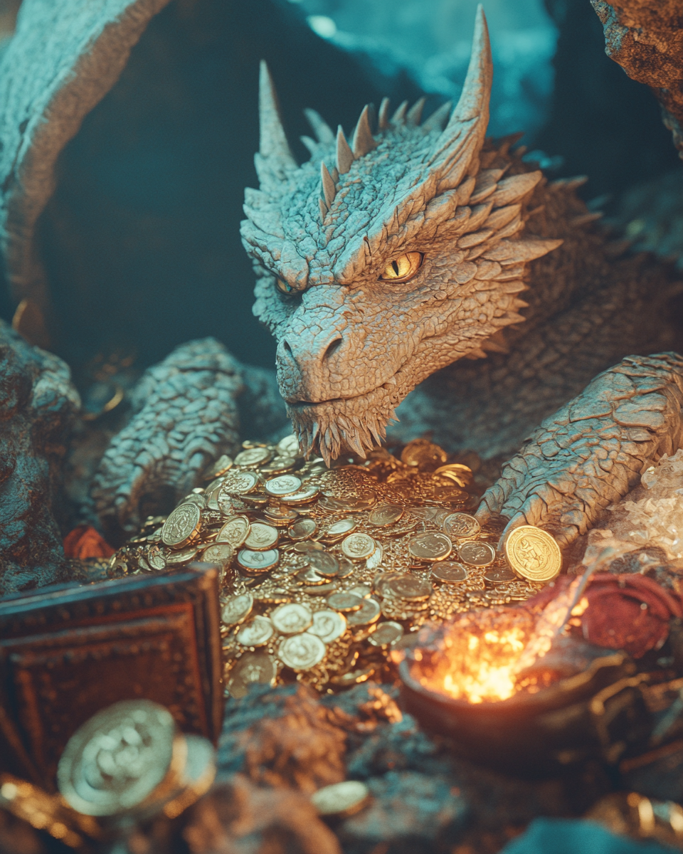 An old dragon on gold pile in cave