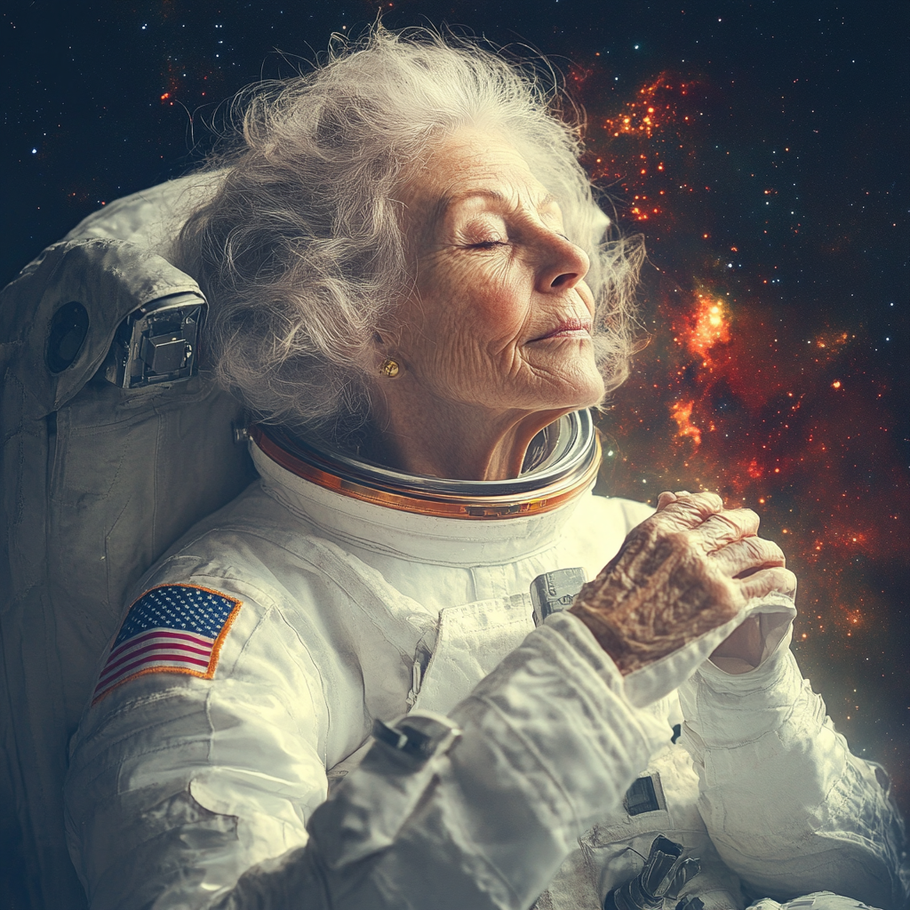 An old lady in astronaut suit exploring space