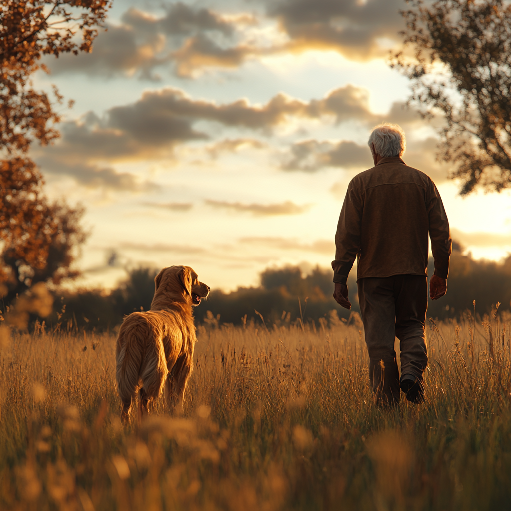 An old man and a golden retriever walking