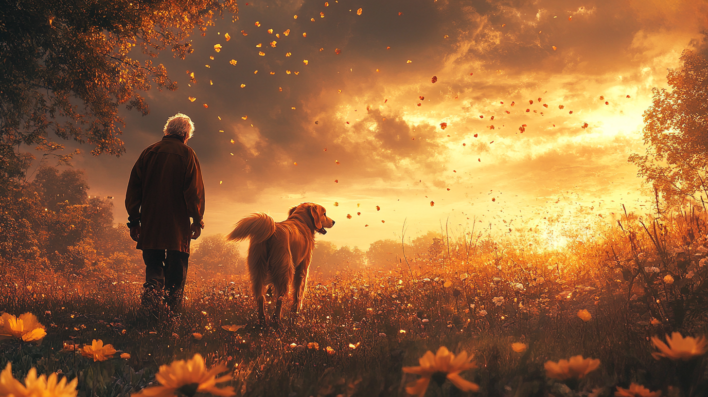 An old man and his dog walking in heaven