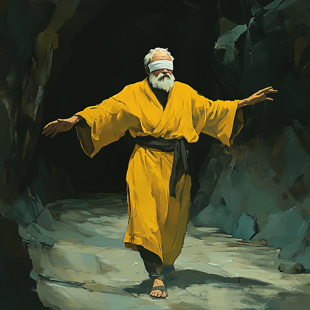 An old man in yellow robe walks through cavern.