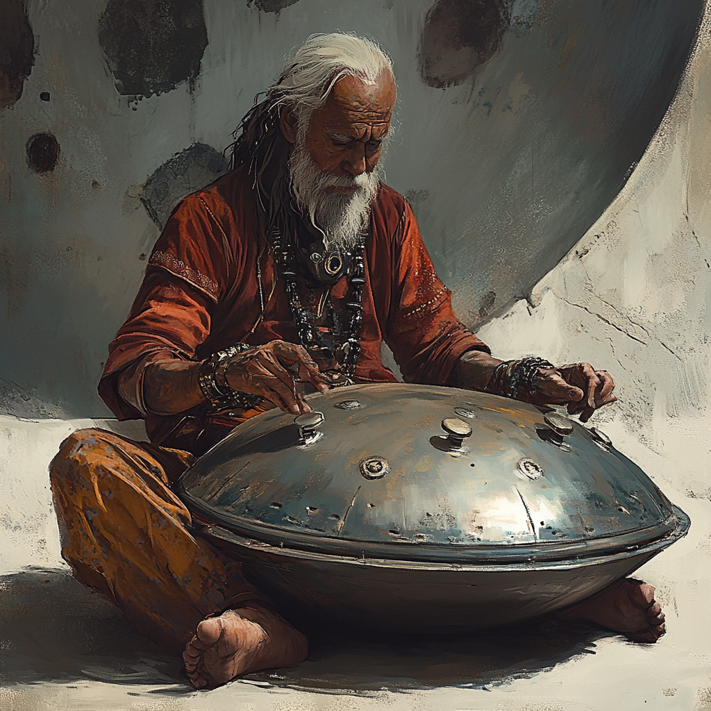 An old man plays on metal drum kit