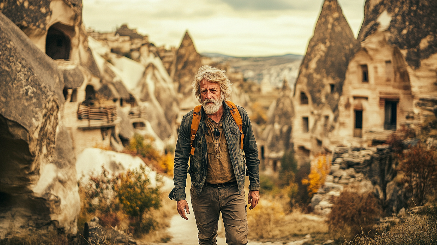 An old man walks through Cappadocia's warm colors.