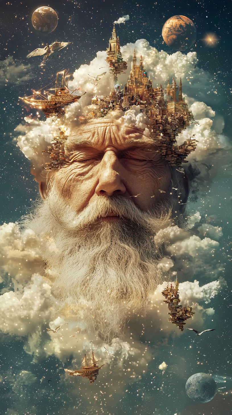 An old man with white beard meditating deeply.