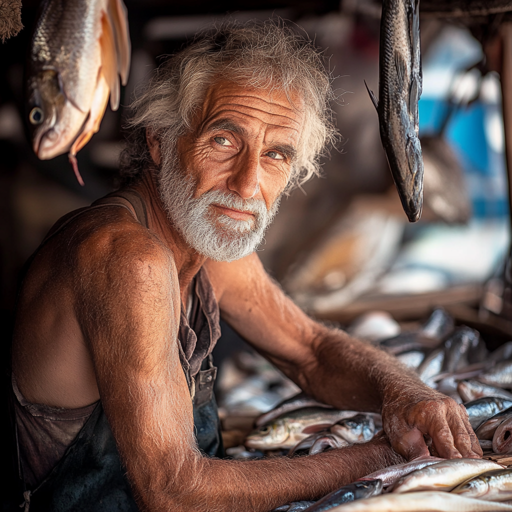 An old man with white hair works at fish counter