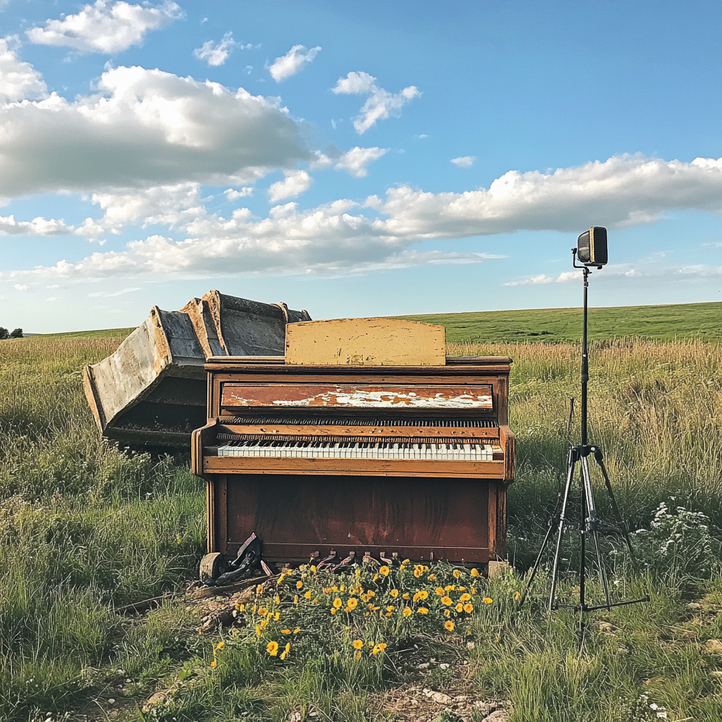 An old piano destroyed by an excavator