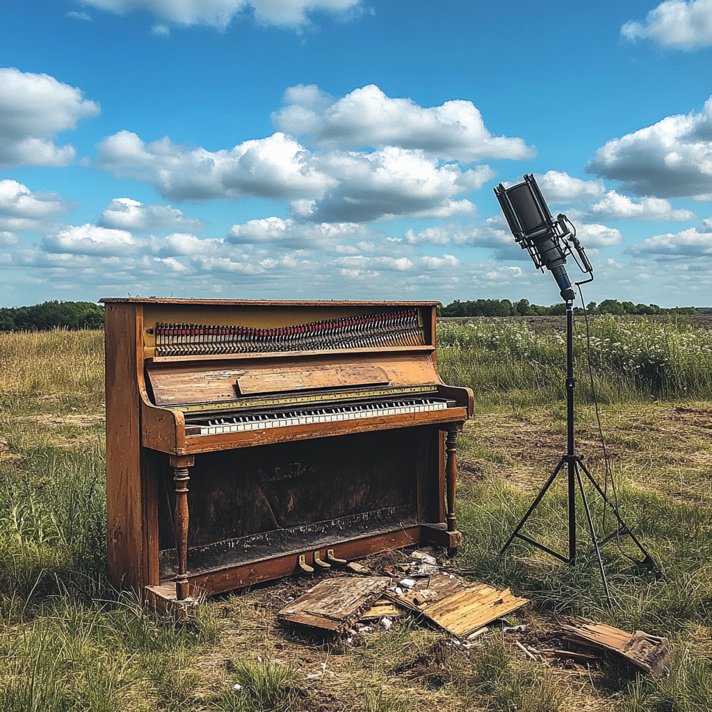 An old piano in grassy field, being lightly destroyed