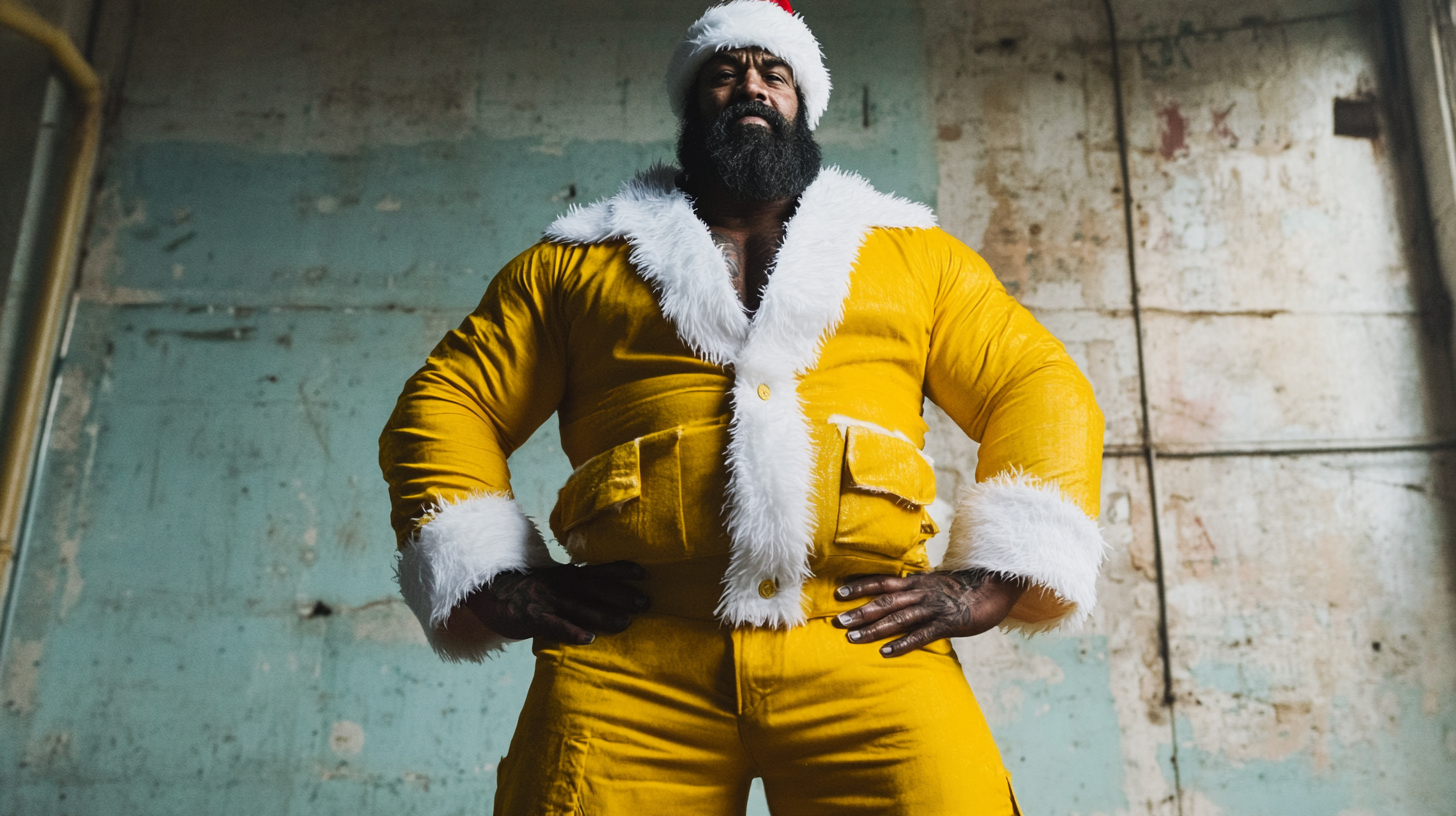 An old tough biker in yellow Santa suit.