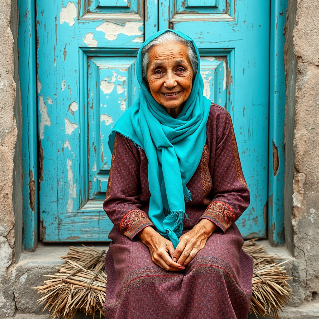 An old woman smiling in front of door.