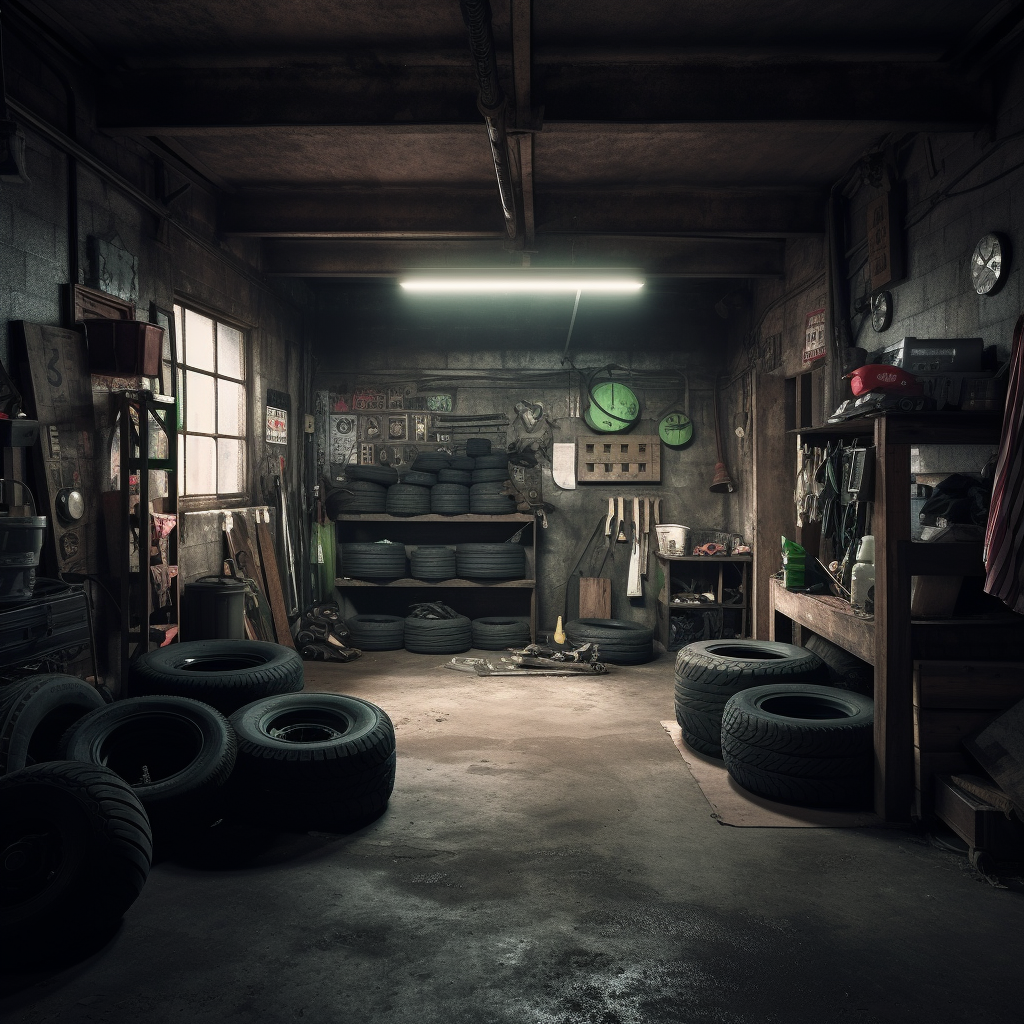 An old workshop with tires, tools, and machines