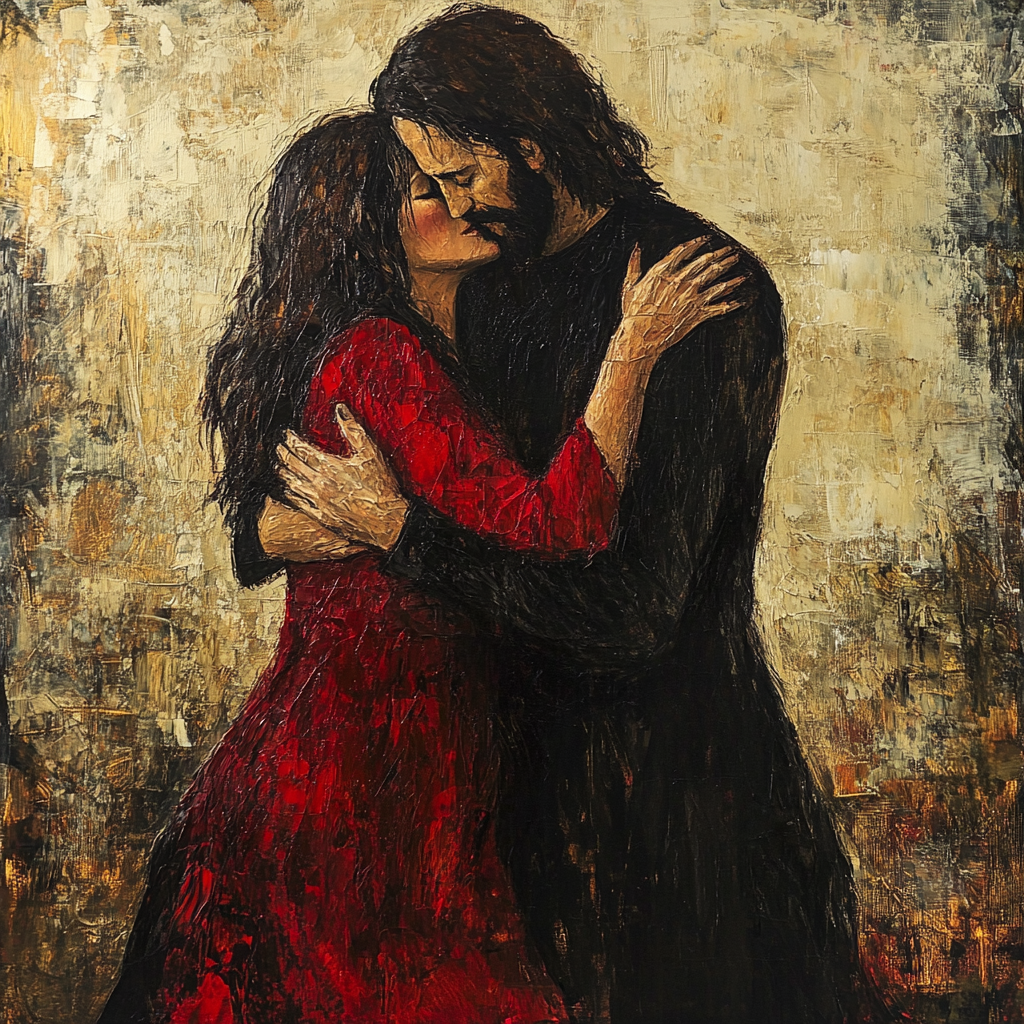 An older woman in red dress hugs Jesus compassionately.