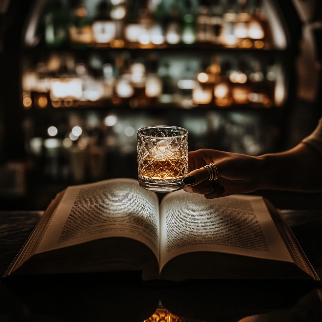 An open book on a bar with a hand.