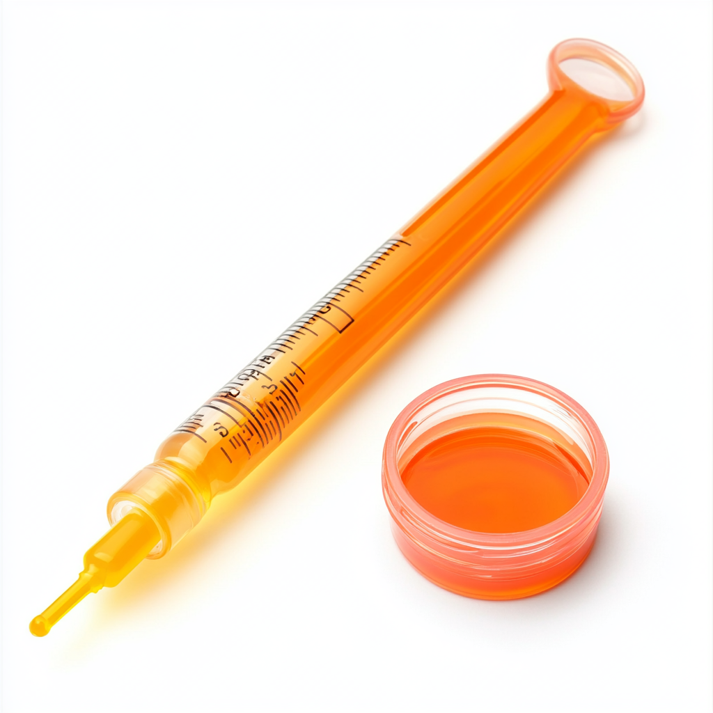 An orange liquid filled syringe next to cap