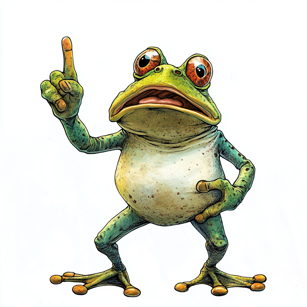 An unhappy elder frog speaking with index finger.